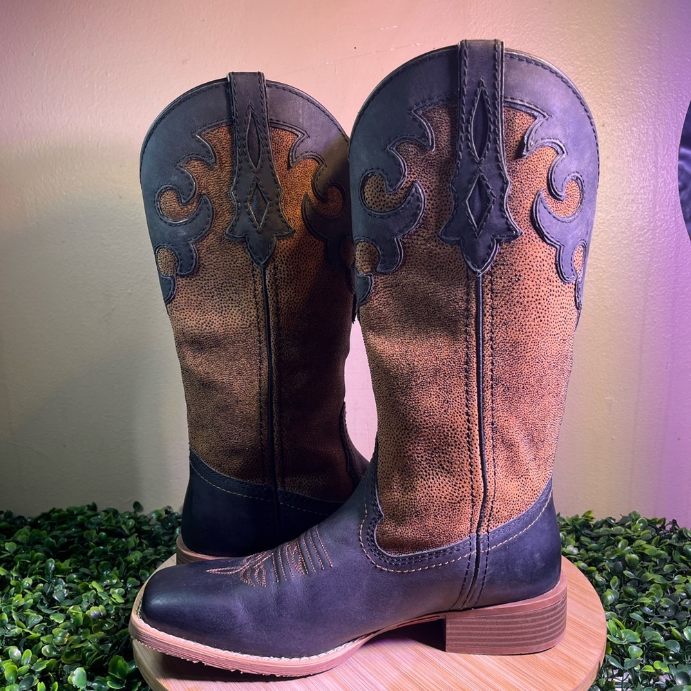 JUSTIN LADIES LATTIE MIDNIGHT BLACK BROWN LEATHER PULL-ON COWGIRL BOOTS SZ 9.5B - Picture 5 of 8